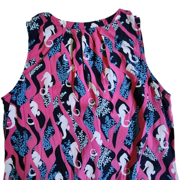 Crown & Ivy Pink Black Blue Coastal Seahorse Print Split V Neck Top Sz M - Picture 6 of 11